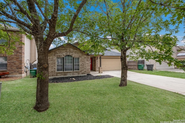 ranch-style home with a garage, a front yard, driveway, and brick siding