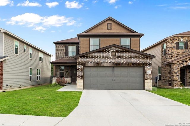1015 Gruma, San Antonio, TX 78214 - view of front of home with a garage, stone siding, a front yard, brick siding, and driveway