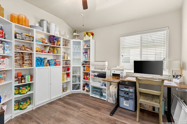 office space featuring ceiling fan, wood finished floors, and lofted ceiling