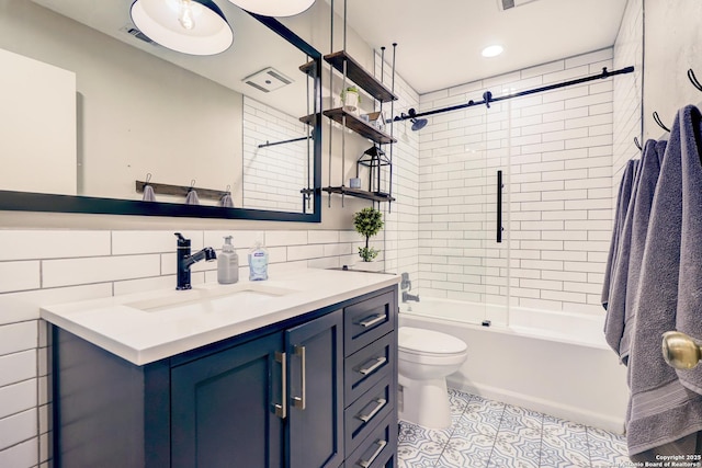 bathroom featuring tile patterned flooring, vanity, toilet, recessed lighting, and shower / bath combination