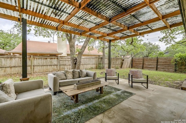 view of patio with a fenced backyard, outdoor lounge area, and a pergola