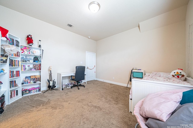 bedroom featuring visible vents, carpet flooring, and baseboards