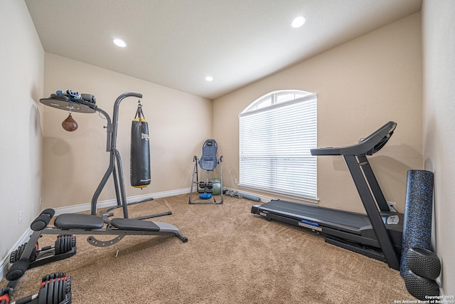 exercise room featuring carpet floors, recessed lighting, and baseboards