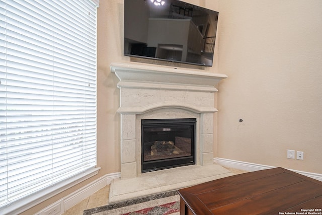 details featuring a glass covered fireplace and baseboards