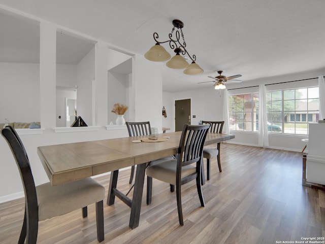 dining room with baseboards, a ceiling fan, and wood finished floors
