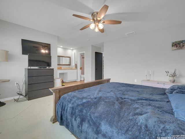 bedroom featuring connected bathroom, ceiling fan, finished concrete flooring, baseboards, and visible vents