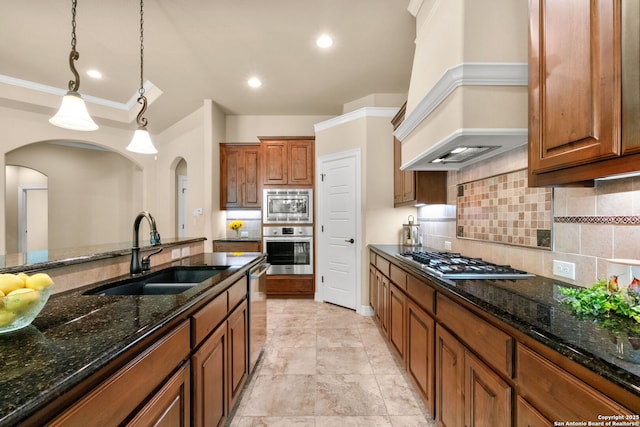 300 Knoll Spgs, Boerne, TX 78006 - kitchen with a sink, appliances with stainless steel finishes, premium range hood, and backsplash