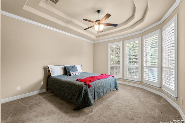 300 Knoll Spgs, Boerne, TX 78006 - bedroom featuring carpet floors, a tray ceiling, visible vents, and crown molding