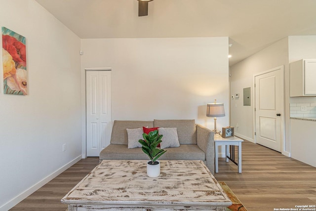 living area with baseboards, electric panel, a ceiling fan, and wood finished floors