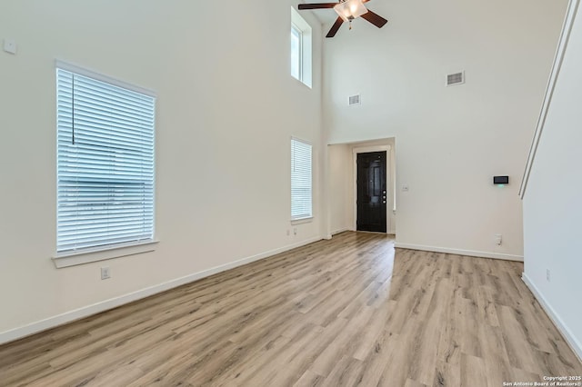 unfurnished living room featuring baseboards, ceiling fan, visible vents, and light wood-style flooring