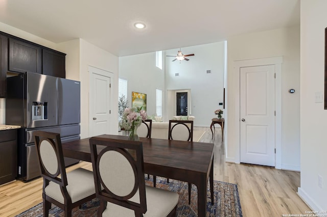 dining room with recessed lighting, light wood-style flooring, and ceiling fan
