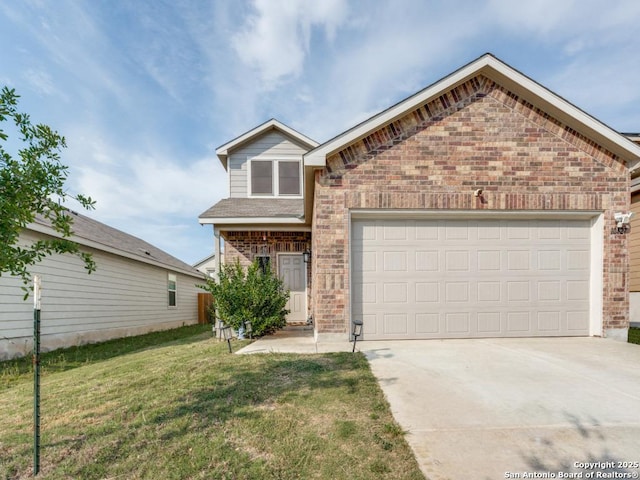 traditional-style home with brick siding, driveway, a front yard, and a garage