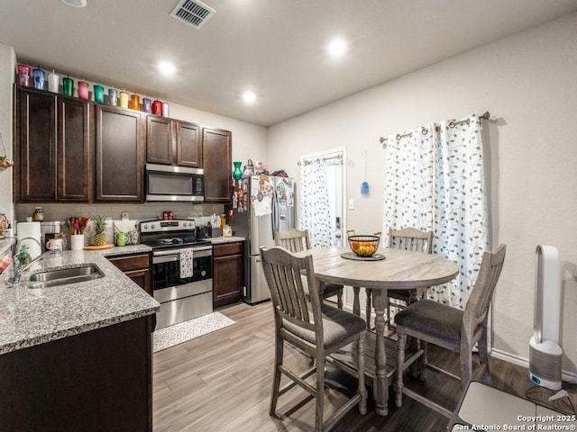 kitchen featuring dark brown cabinets, a sink, stainless steel appliances, light wood-type flooring, and visible vents