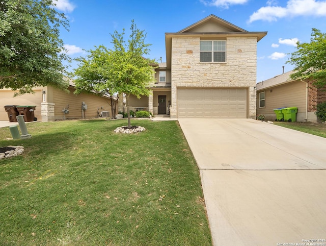traditional-style home featuring an attached garage, a front yard, driveway, and stone siding