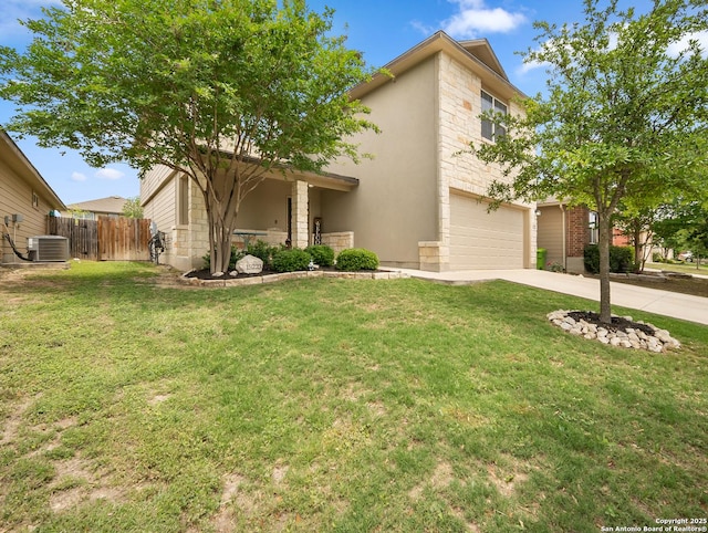 view of front of property with fence, driveway, a front yard, and cooling unit