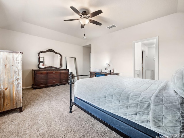 carpeted bedroom featuring visible vents, a ceiling fan, baseboards, and lofted ceiling