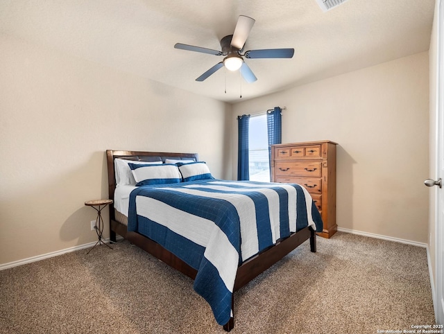 bedroom featuring carpet flooring, ceiling fan, and baseboards