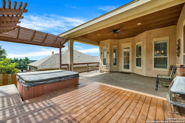 18718 Real Rdg, San Antonio, TX 78256 - deck with fence, a covered hot tub, a pergola, ceiling fan, and a patio area