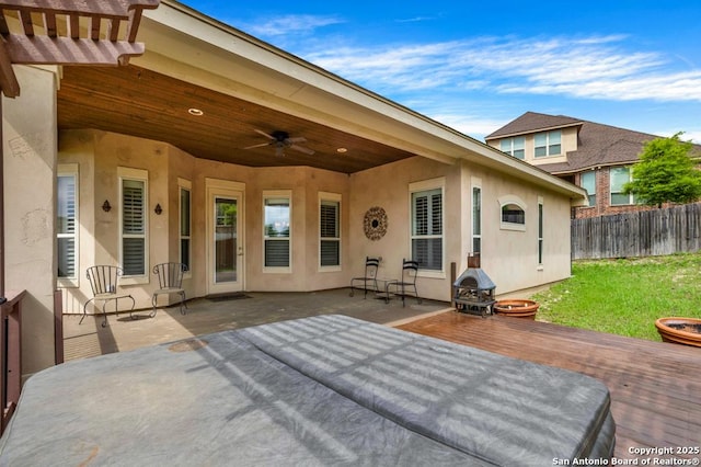 18718 Real Rdg, San Antonio, TX 78256 - view of patio featuring fence, a pergola, ceiling fan, and a deck
