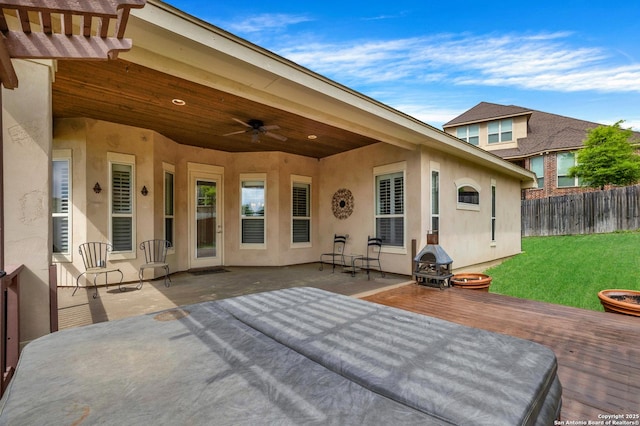 18718 Real Rdg, San Antonio, TX 78256 - view of patio with fence, a ceiling fan, a wooden deck, and a pergola