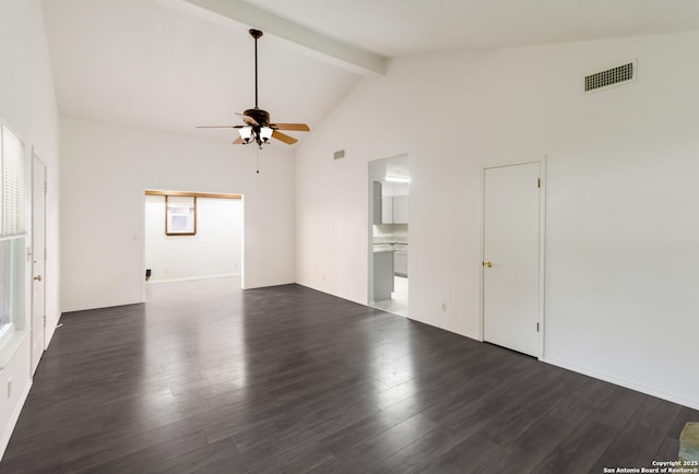 unfurnished living room with visible vents, beamed ceiling, ceiling fan, dark wood-style floors, and high vaulted ceiling