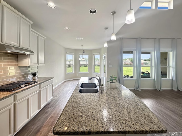 104 Talavera, Boerne, TX 78006 - kitchen with a sink, under cabinet range hood, baseboards, decorative backsplash, and light stone countertops