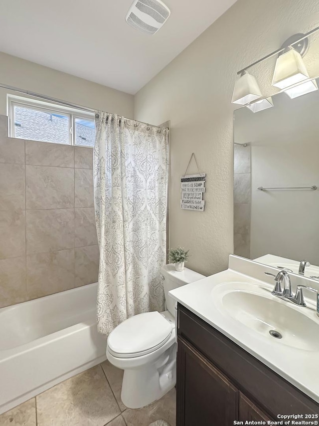 104 Talavera, Boerne, TX 78006 - full bath featuring toilet, shower / bathtub combination with curtain, tile patterned floors, vanity, and a textured wall