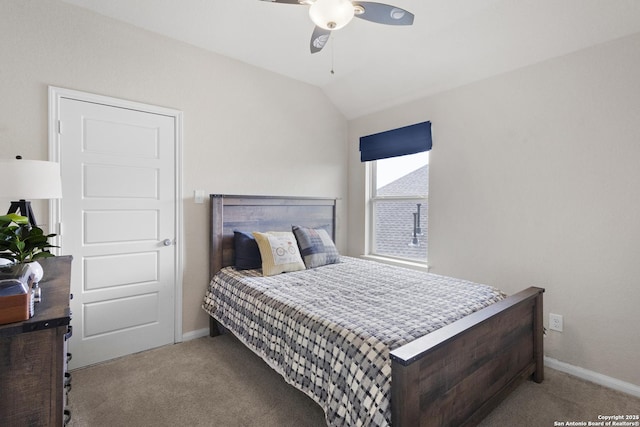 104 Talavera, Boerne, TX 78006 - bedroom with carpet floors, baseboards, lofted ceiling, and a ceiling fan