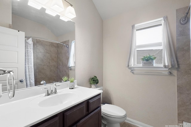 104 Talavera, Boerne, TX 78006 - full bathroom featuring lofted ceiling, toilet, curtained shower, and vanity