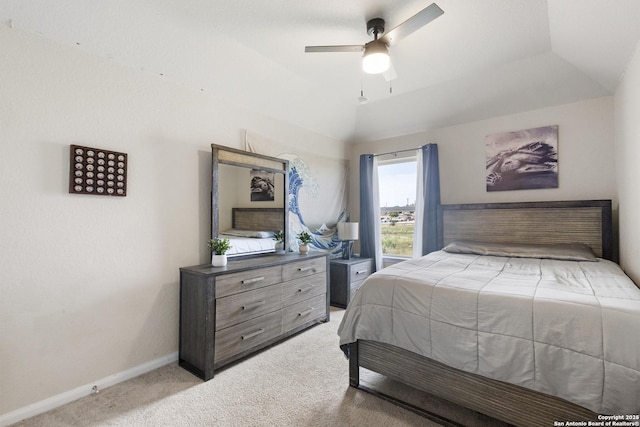 104 Talavera, Boerne, TX 78006 - bedroom with light colored carpet, baseboards, ceiling fan, and vaulted ceiling