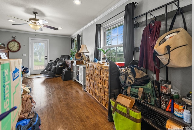 6377 County Road 659, Brazoria, TX 77422 - interior space featuring a ceiling fan, recessed lighting, ornamental molding, and wood finished floors