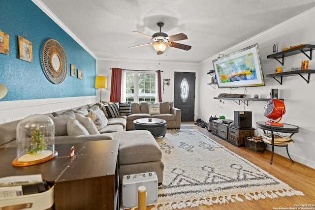 6377 County Road 659, Brazoria, TX 77422 - living area featuring ornamental molding, a textured ceiling, ceiling fan, and wood finished floors