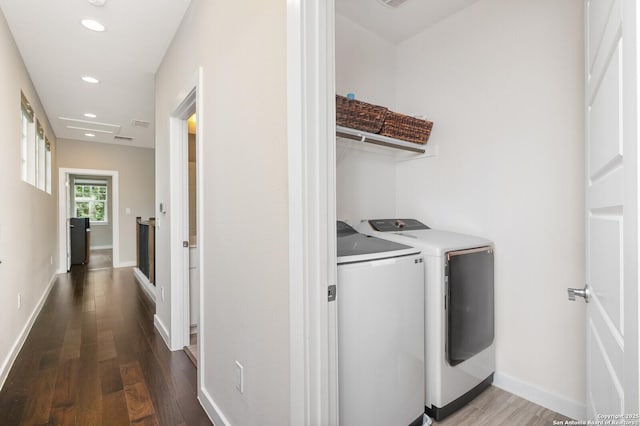 440 E Olmos, San Antonio, TX 78212 - washroom with washer and dryer, recessed lighting, wood finished floors, and baseboards