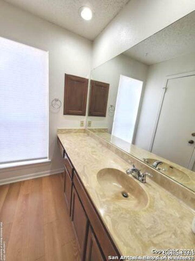 bathroom featuring vanity, baseboards, a textured ceiling, and wood finished floors