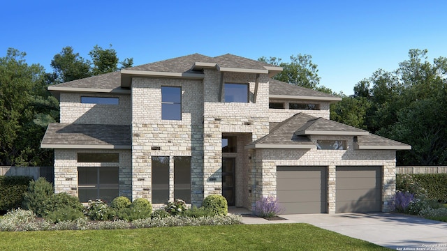 prairie-style home featuring driveway, a garage, brick siding, a shingled roof, and stone siding