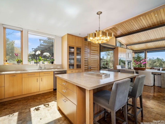 kitchen featuring stainless steel dishwasher, a sink, a chandelier, and a wealth of natural light