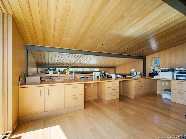 kitchen featuring light brown cabinetry, vaulted ceiling, wooden ceiling, and hardwood / wood-style floors
