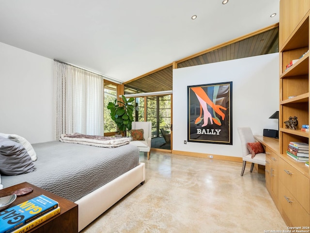 bedroom with access to outside, baseboards, recessed lighting, and finished concrete floors