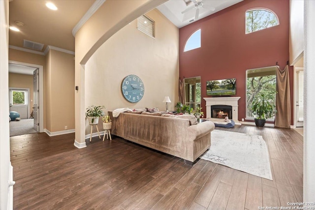 living area with a ceiling fan, a wealth of natural light, and wood finished floors