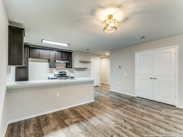 kitchen with visible vents, wood finished floors, light countertops, under cabinet range hood, and stainless steel range with gas stovetop