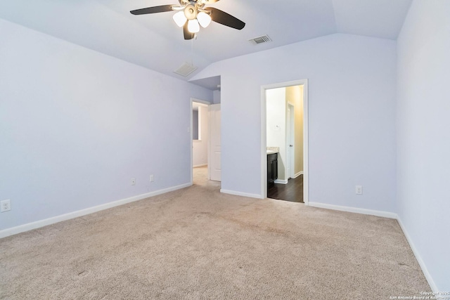 407 Wind Gust, New Braunfels, TX 78130 - unfurnished bedroom featuring vaulted ceiling, carpet flooring, baseboards, ensuite bath, and a ceiling fan