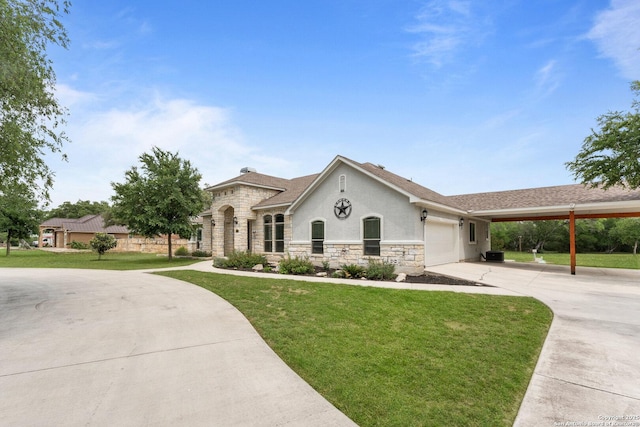 view of front of property featuring a garage, a front lawn, stone siding, stucco siding, and concrete driveway