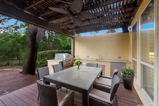 wooden terrace featuring ceiling fan, a pergola, a grill, outdoor dining area, and area for grilling