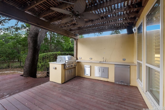 wooden deck with a sink, a pergola, a grill, area for grilling, and a ceiling fan