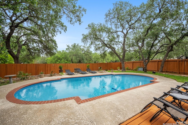 view of swimming pool featuring a patio, a fenced in pool, and a fenced backyard