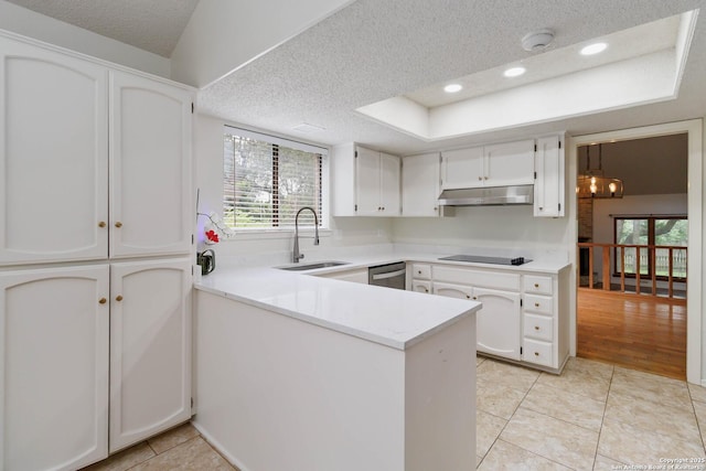 kitchen with a sink, a textured ceiling, a peninsula, a healthy amount of sunlight, and under cabinet range hood