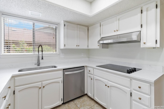 kitchen with black electric stovetop, a sink, white cabinetry, stainless steel dishwasher, and under cabinet range hood