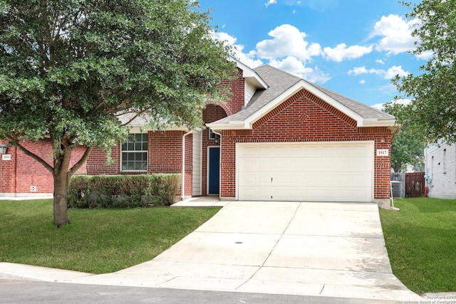 view of front of property featuring roof with shingles, a front lawn, brick siding, a garage, and concrete driveway