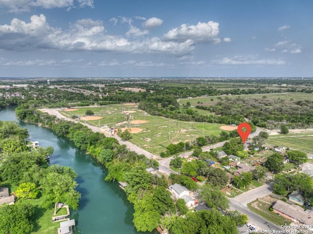 bird's eye view with a water view