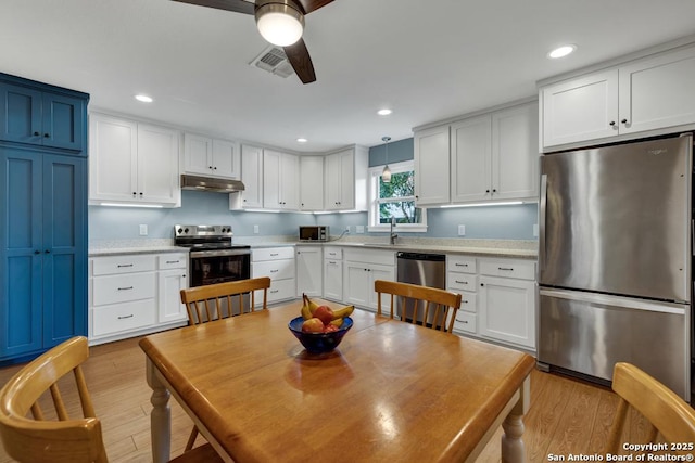 kitchen with ceiling fan, appliances with stainless steel finishes, light wood-style floors, light countertops, and under cabinet range hood